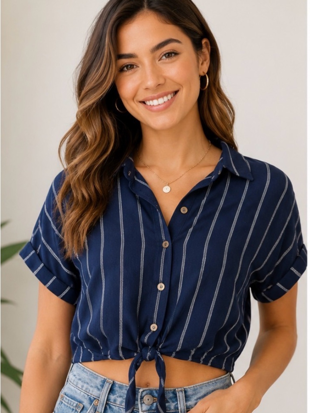 Women’s Navy Blue White Striped Tie Front Cropped Button Shirt Size S Boho